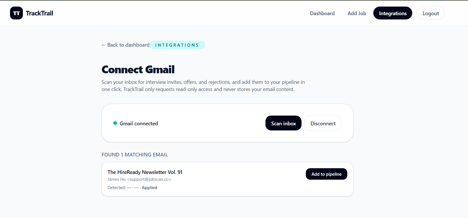 Job Application Tracker — Gmail outcome-tracking integration